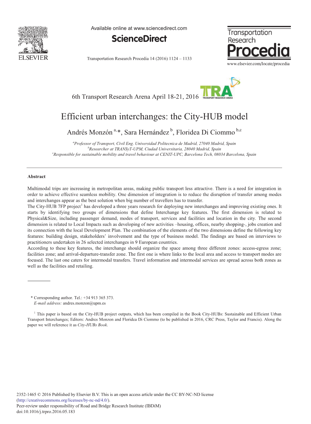 Efficient Urban Interchanges: the City-HUB Model