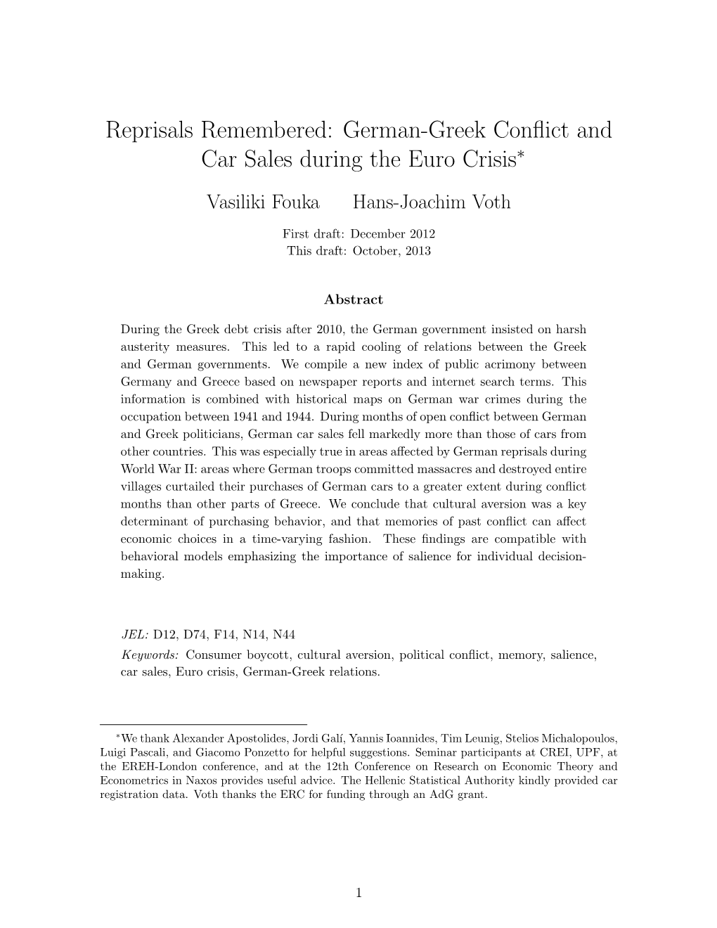 Reprisals Remembered: German-Greek Conﬂict and Car Sales During the Euro Crisis∗