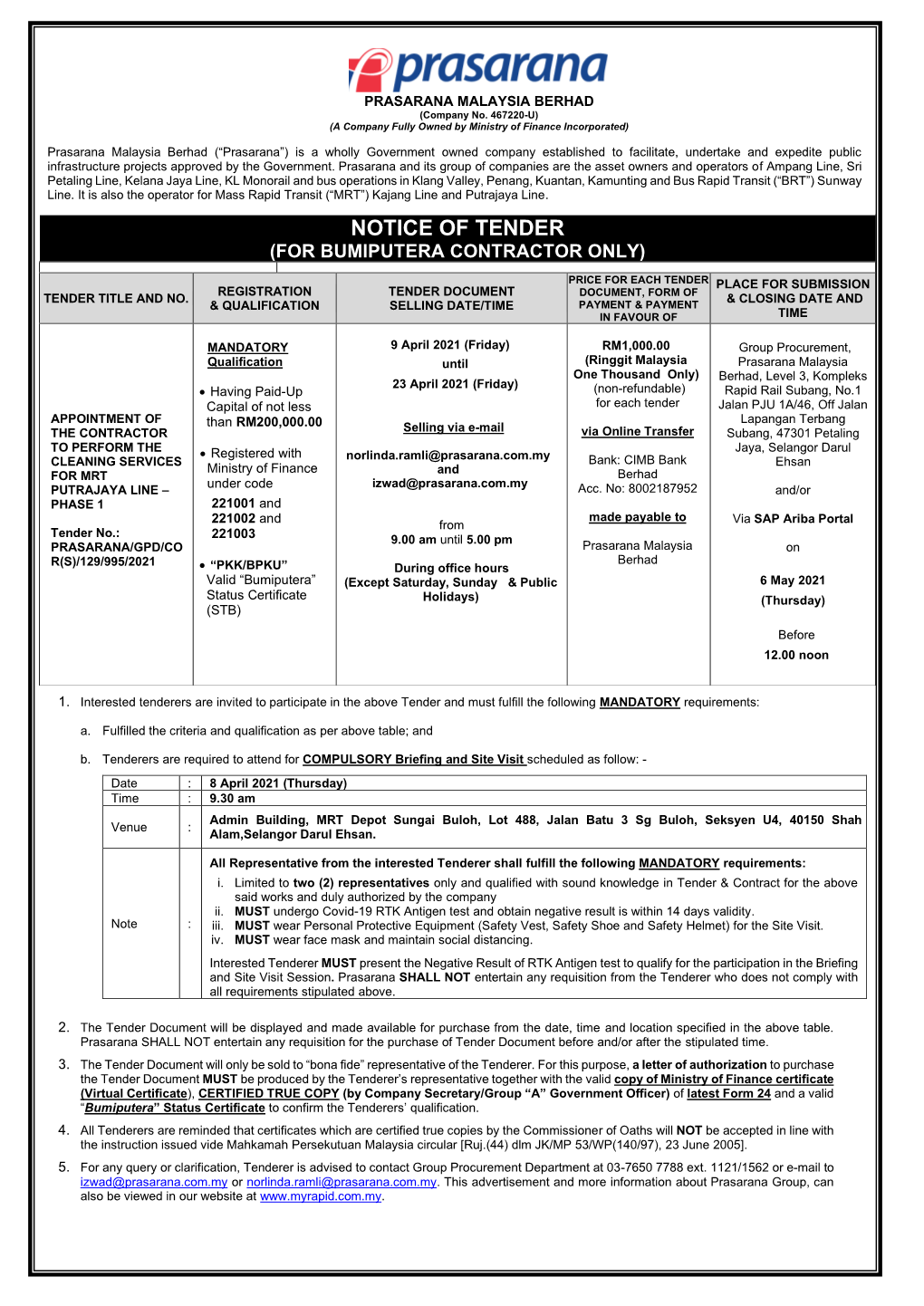 Notice of Tender (For Bumiputera Contractor Only)