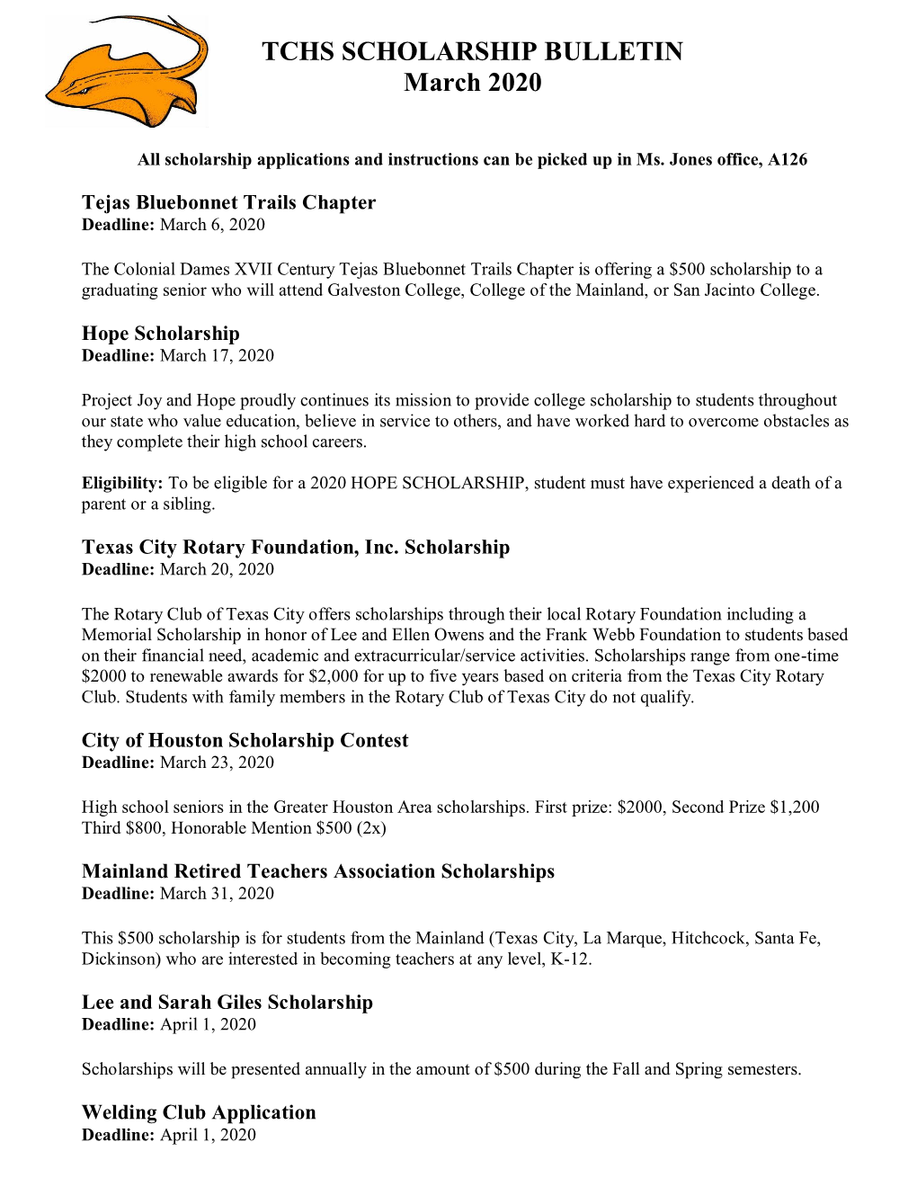 TCHS SCHOLARSHIP BULLETIN March 2020