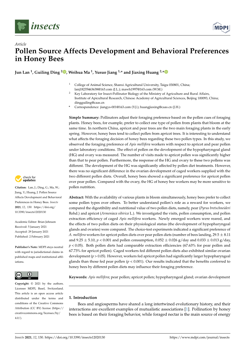 Pollen Source Affects Development and Behavioral Preferences in Honey Bees