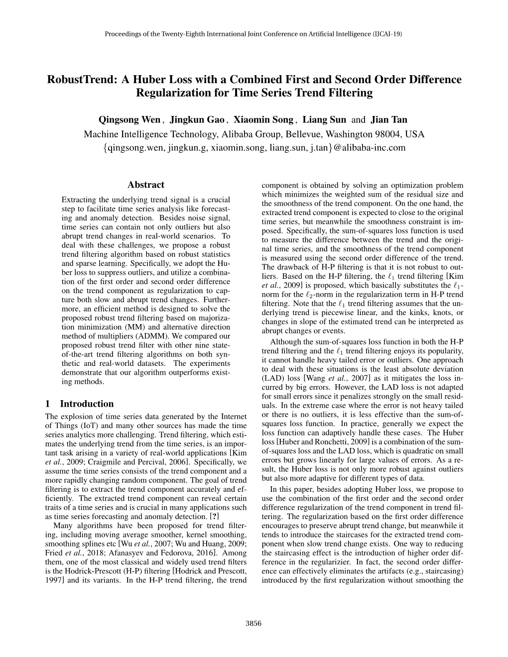 A Huber Loss with a Combined First and Second Order Difference Regularization for Time Series Trend Filtering