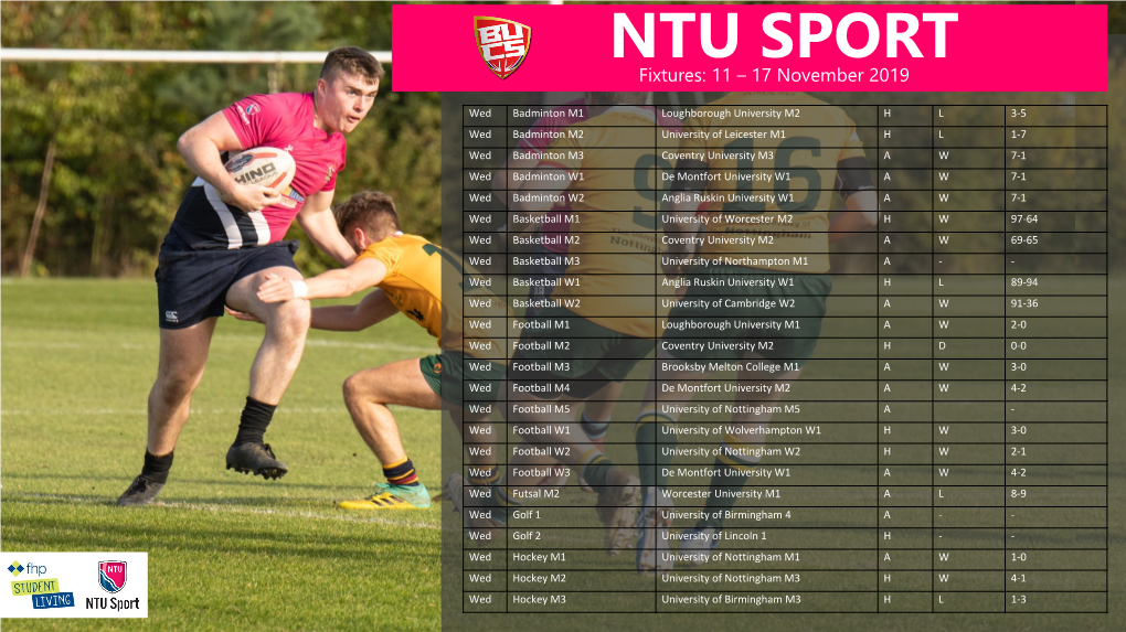 NTU SPORT Fixtures: 11 – 17 November 2019