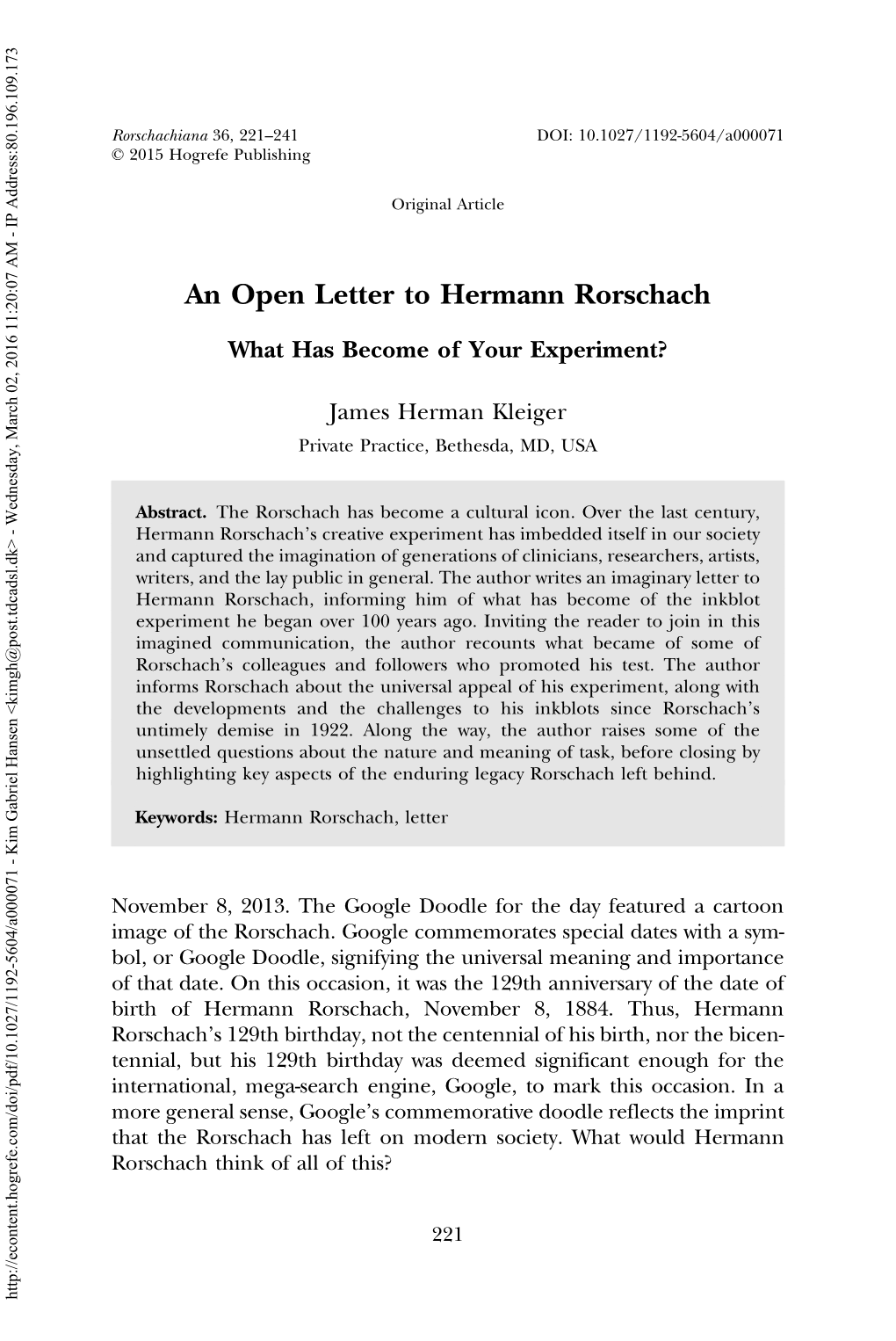 An Open Letter to Hermann Rorschach