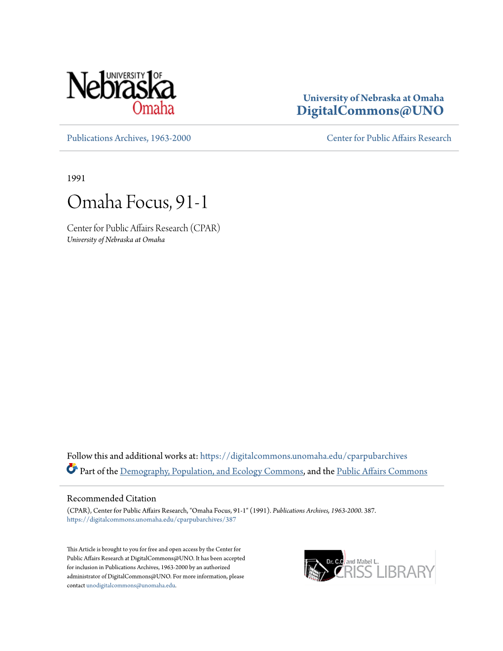 Omaha Focus, 91-1 Center for Public Affairs Research (CPAR) University of Nebraska at Omaha