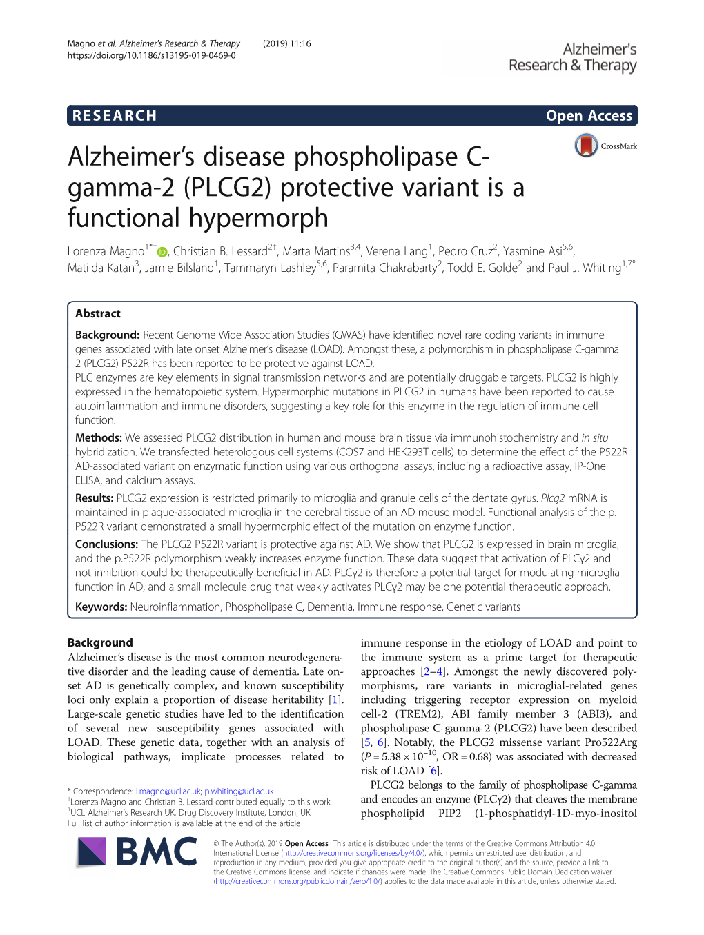 Alzheimer's Disease Phospholipase C-Gamma-2 (PLCG2) Protective