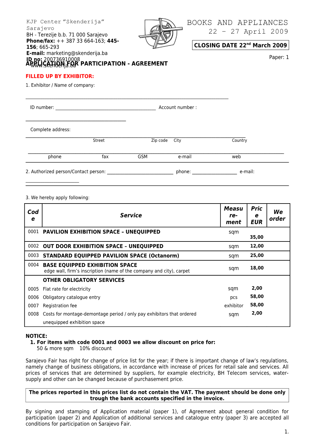 Application for Participation - Agreement