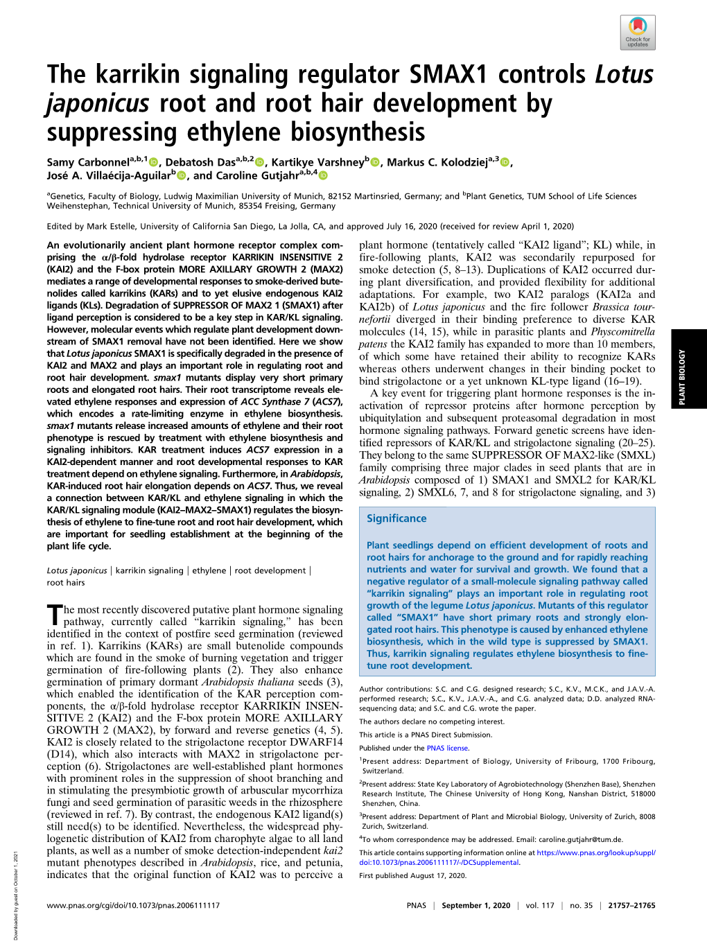 The Karrikin Signaling Regulator SMAX1 Controls Lotus Japonicus Root and Root Hair Development by Suppressing Ethylene Biosynthesis