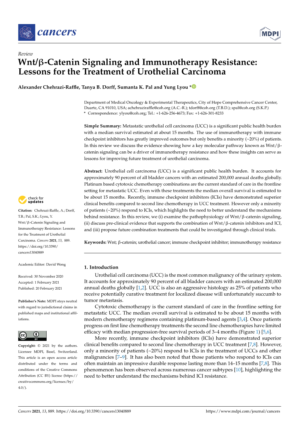 Wnt/Β-Catenin Signaling and Immunotherapy Resistance: Lessons for the Treatment of Urothelial Carcinoma