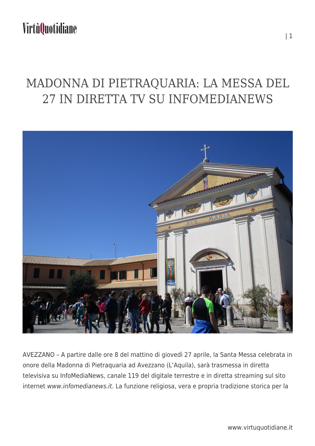 Madonna Di Pietraquaria: La Messa Del 27 in Diretta Tv Su Infomedianews