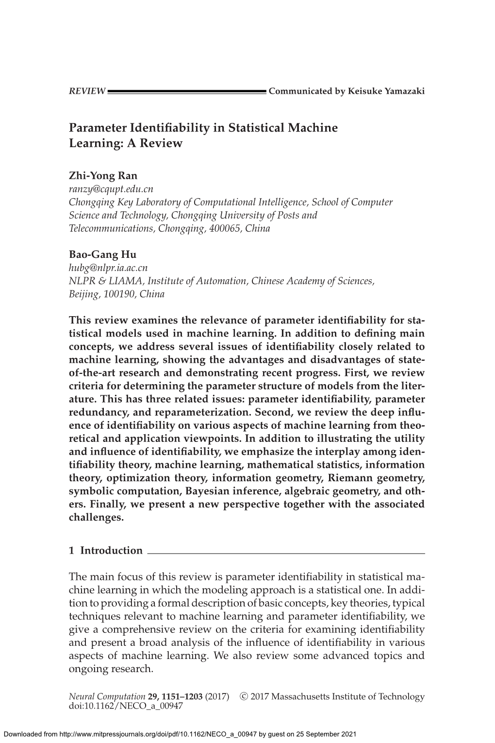 Parameter Identifiability in Statistical Machine Learning: a Review