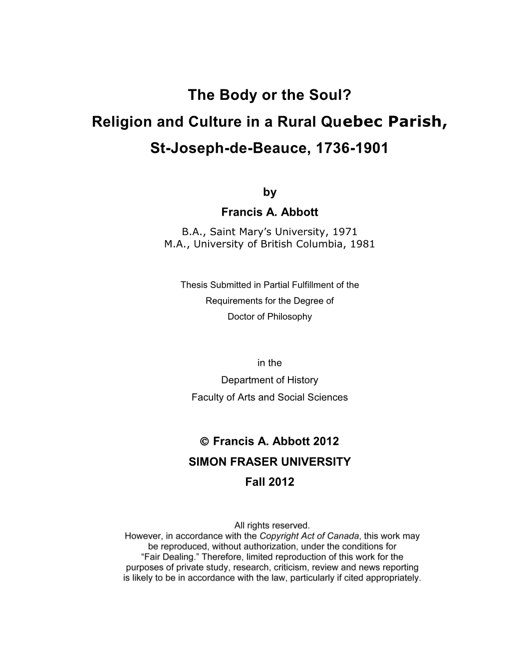 Religion and Culture in a Rural Quebec Parish, St-Joseph-De-Beauce, 1736-1901