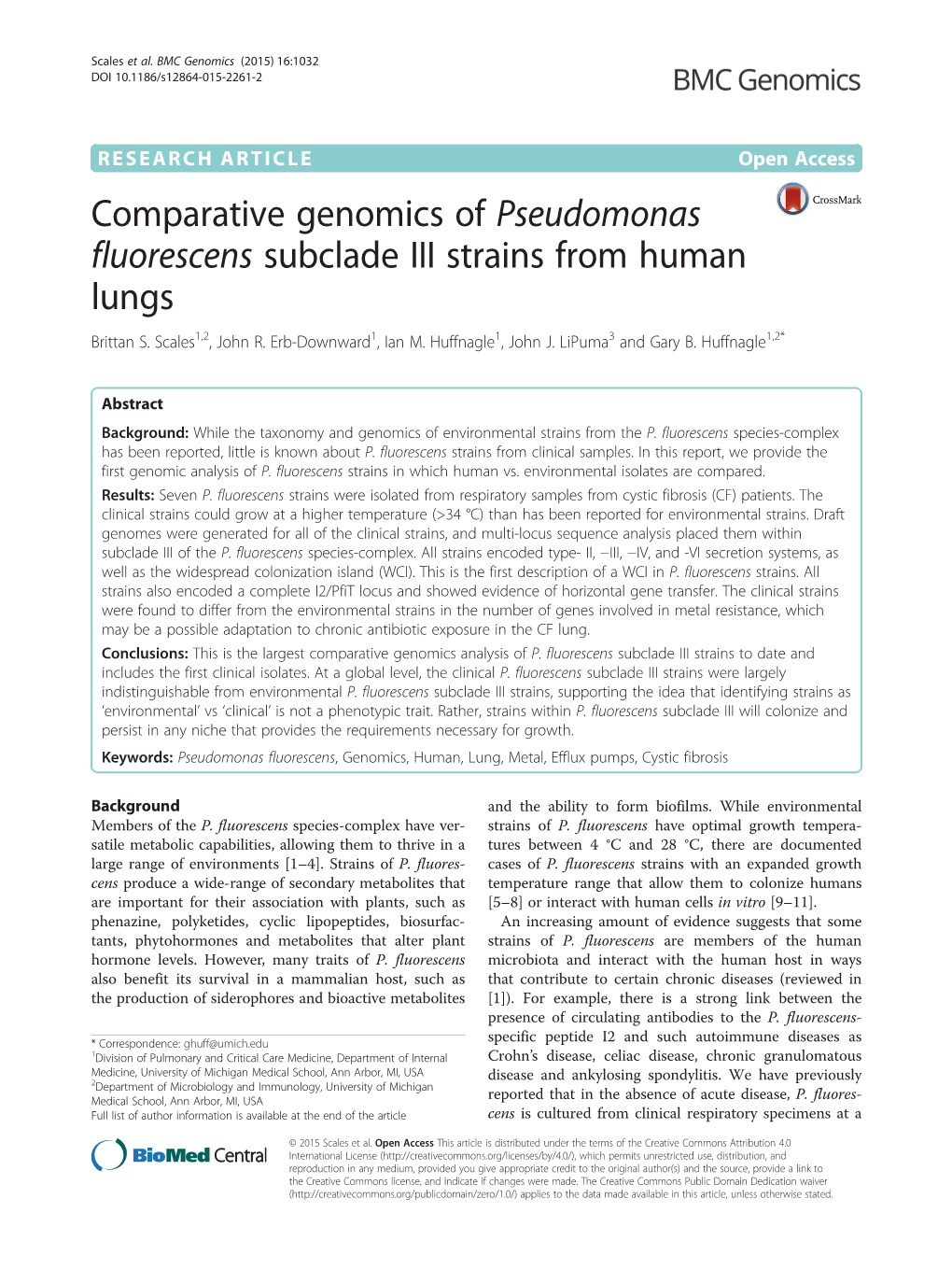 Pseudomonas Fluorescens Subclade III Strains from Human Lungs Brittan S