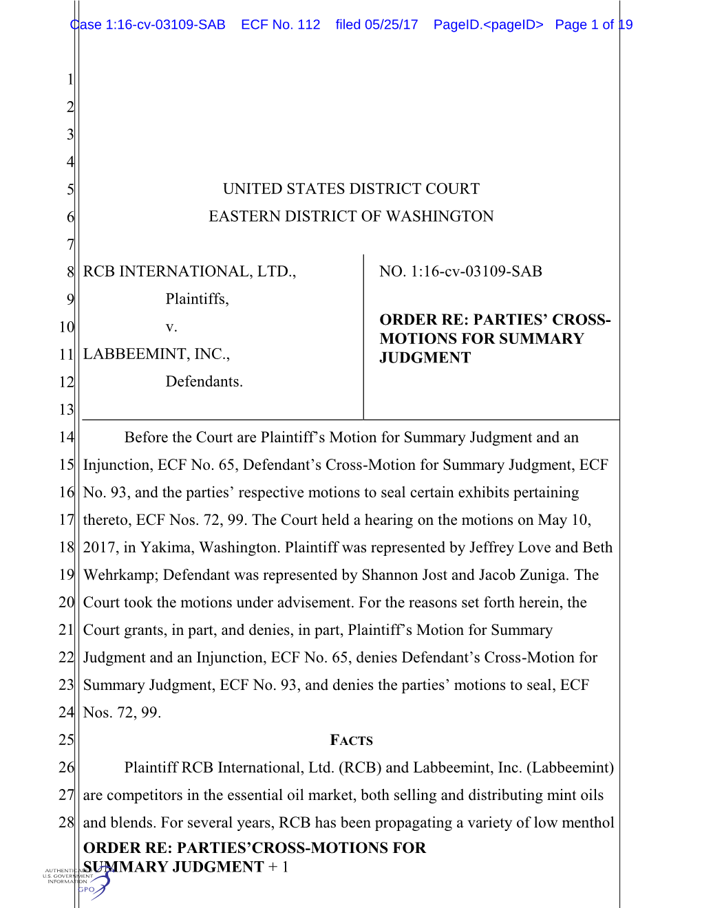 Parties'cross-Motions for Summary Judgment + 1 1 2 3 4