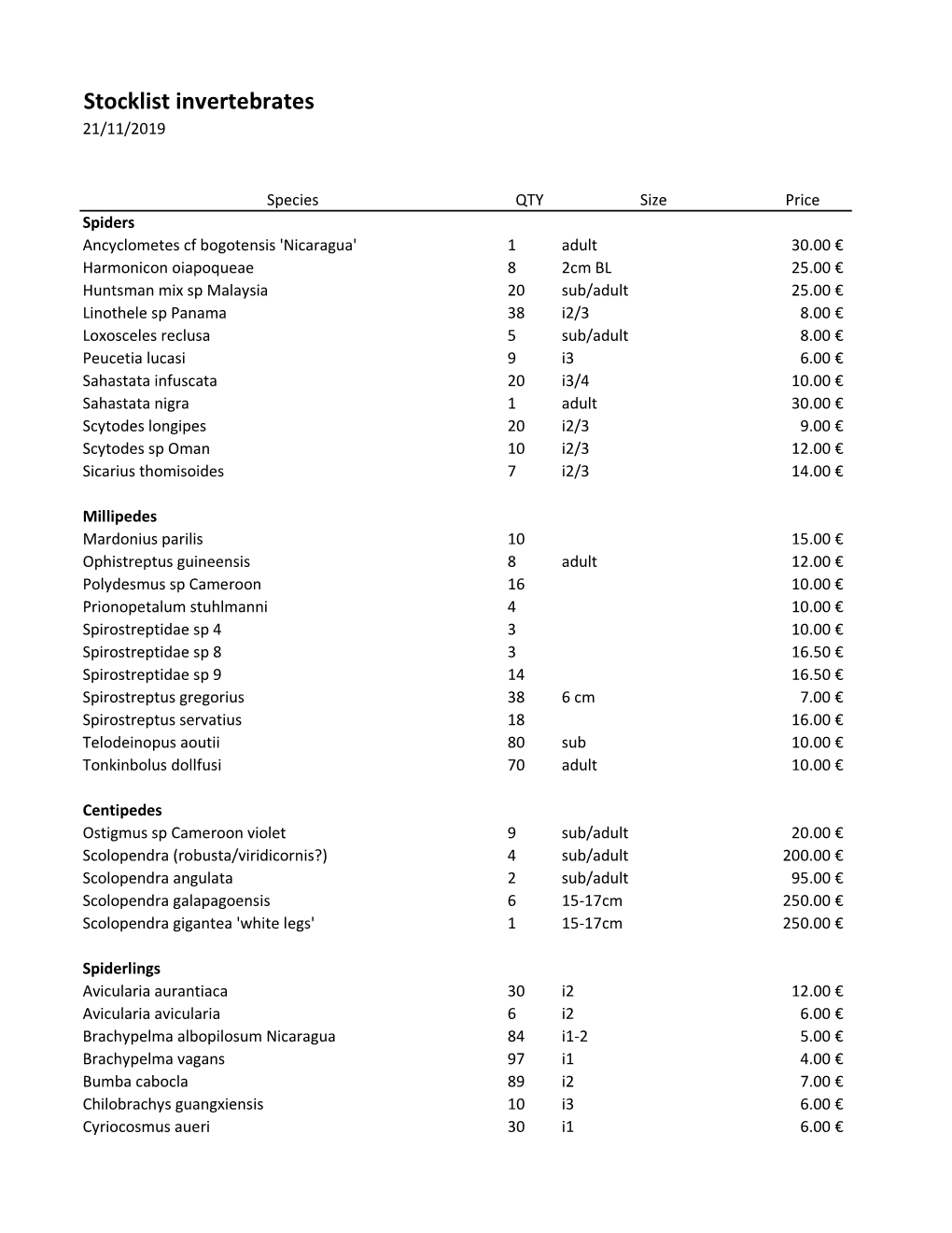 Stocklist Invertebrates 21/11/2019