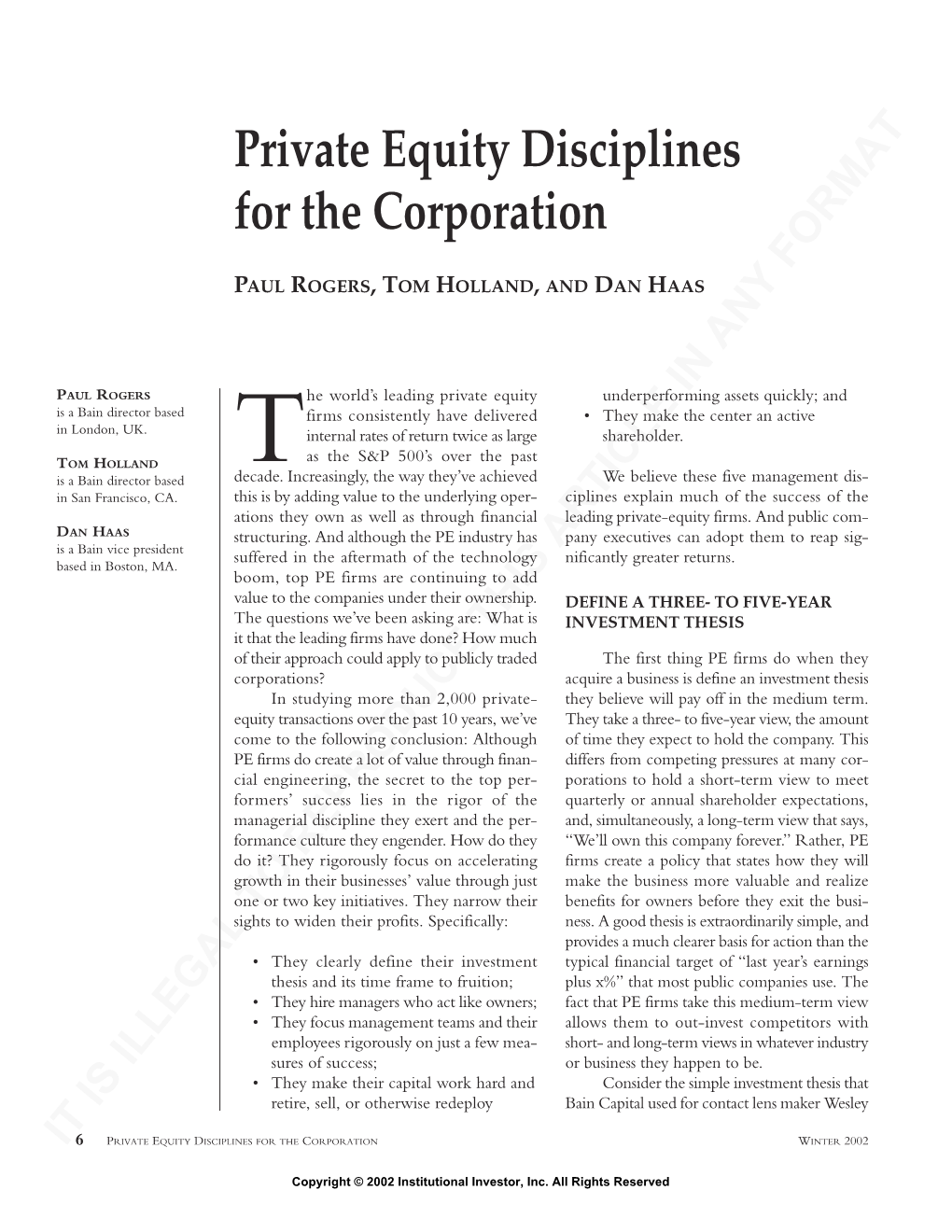 Private Equity Disciplines for the Corporation