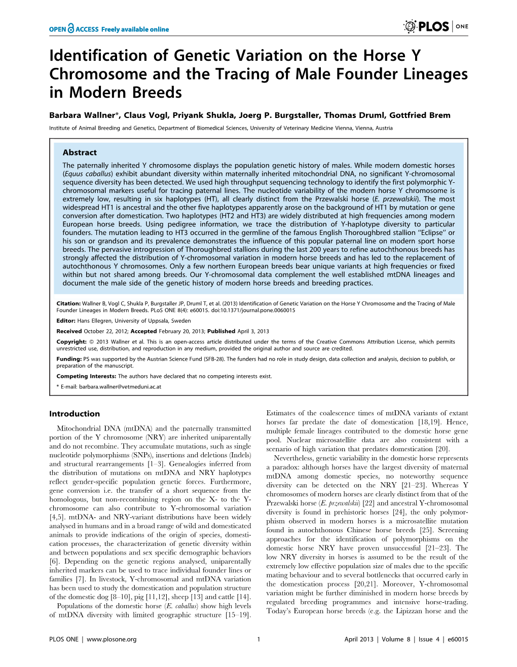 Identification of Genetic Variation on the Horse Y Chromosome and the Tracing of Male Founder Lineages in Modern Breeds