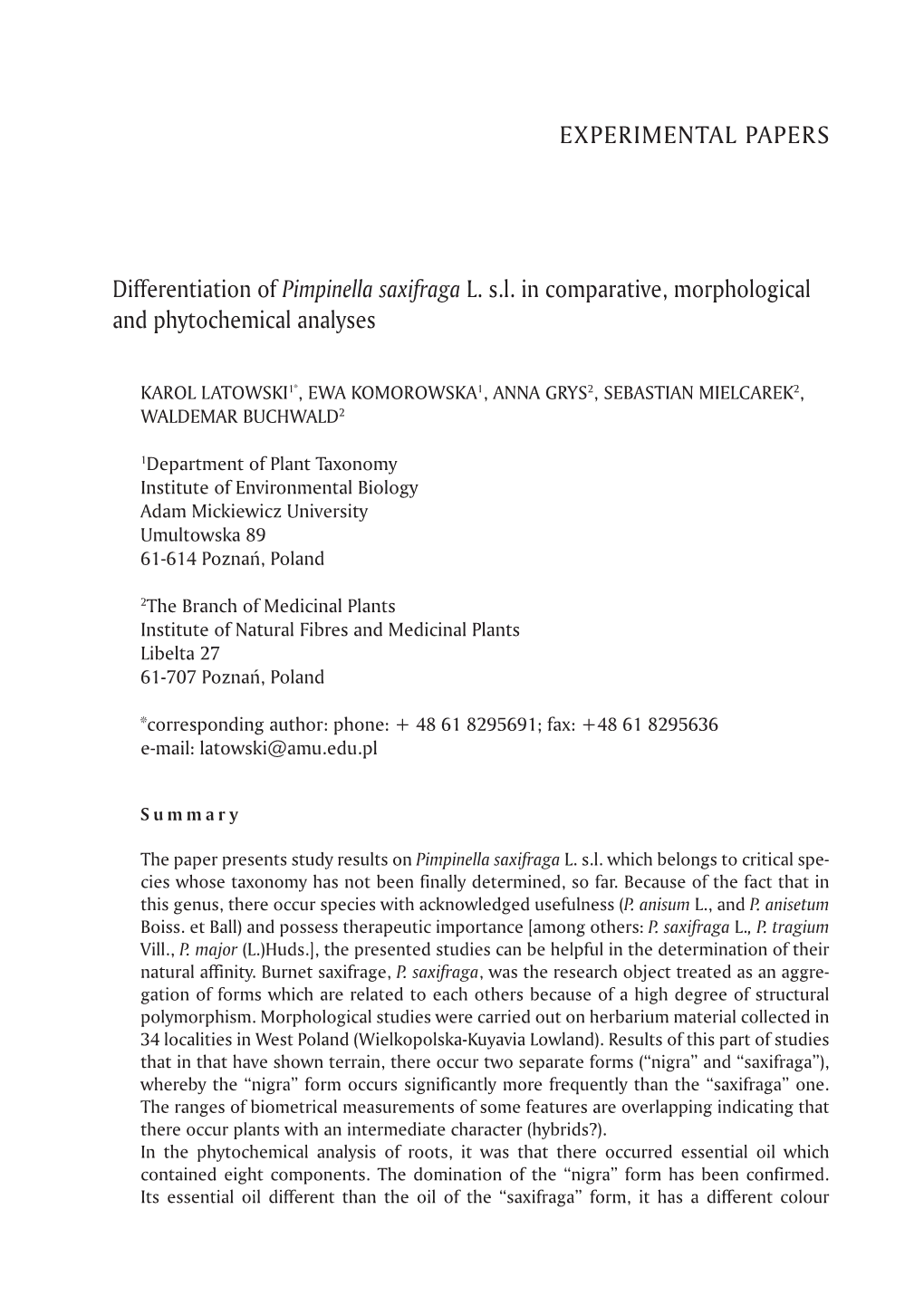 Experimental PAPERS Differentiation of Pimpinella