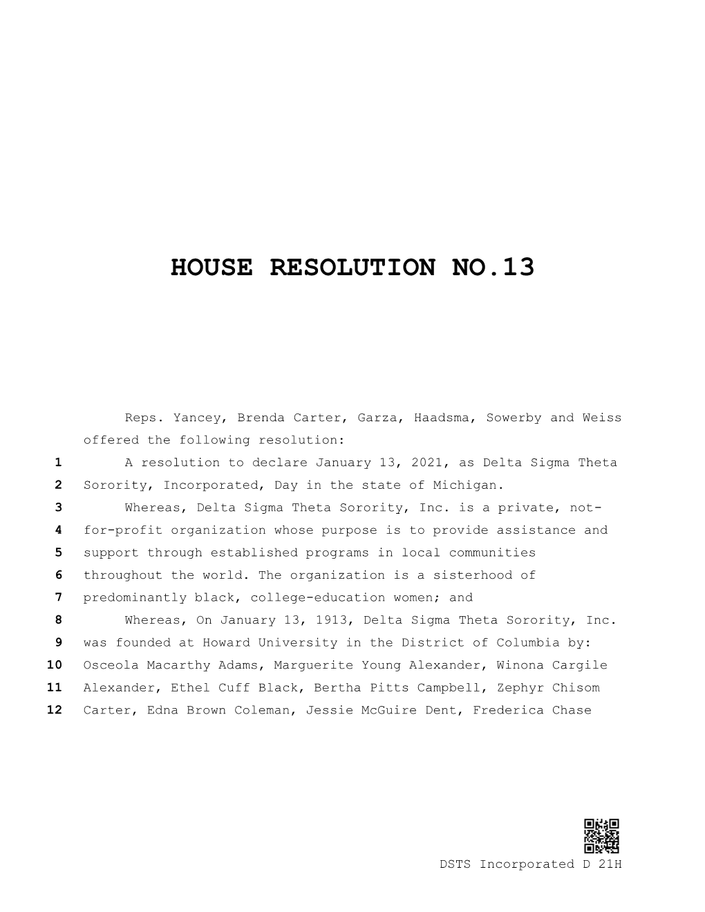 House Resolution No.13