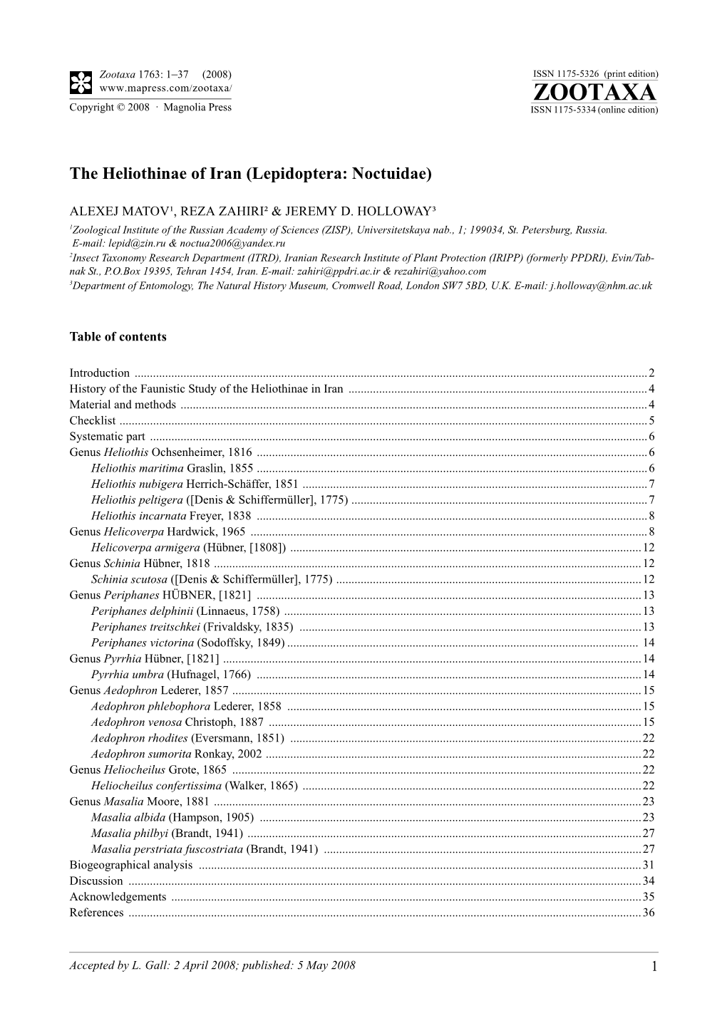 Zootaxa, the Heliothinae of Iran