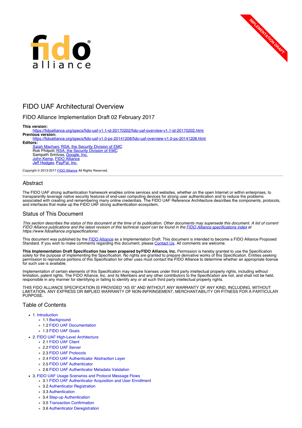 FIDO UAF Architectural Overview FIDO Alliance Implementation Draft 02 February 2017