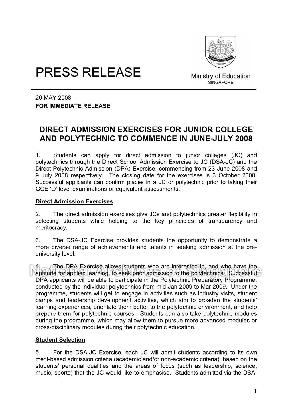 Direct Admission Exercises for Junior College and Polytechnic to Commence in June-July 2008