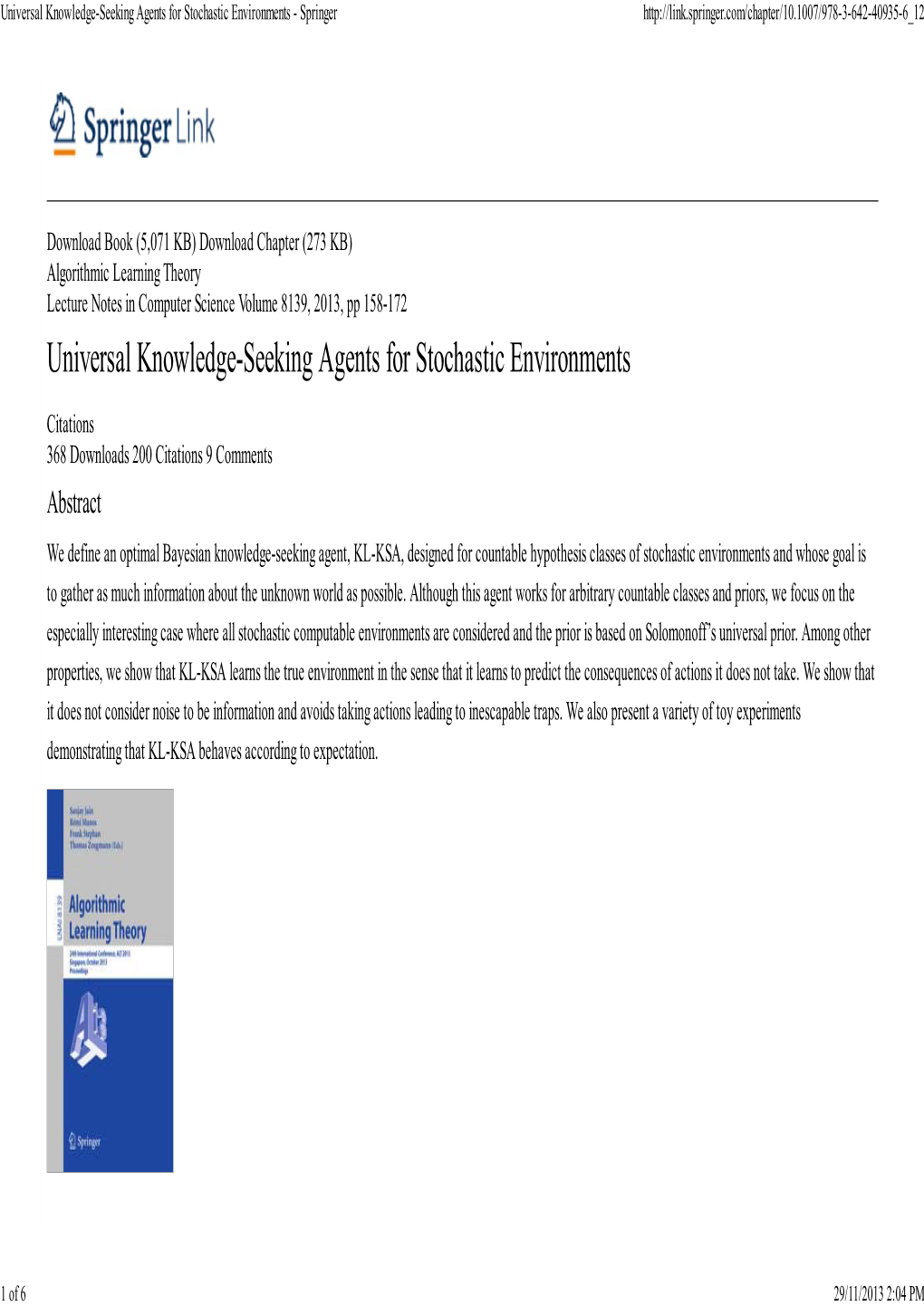 Universal Knowledge-Seeking Agents for Stochastic Environments - Springer