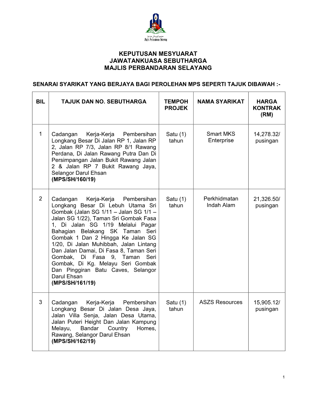 Keputusan Mesyuarat Jawatankuasa Sebutharga Majlis Perbandaran Selayang