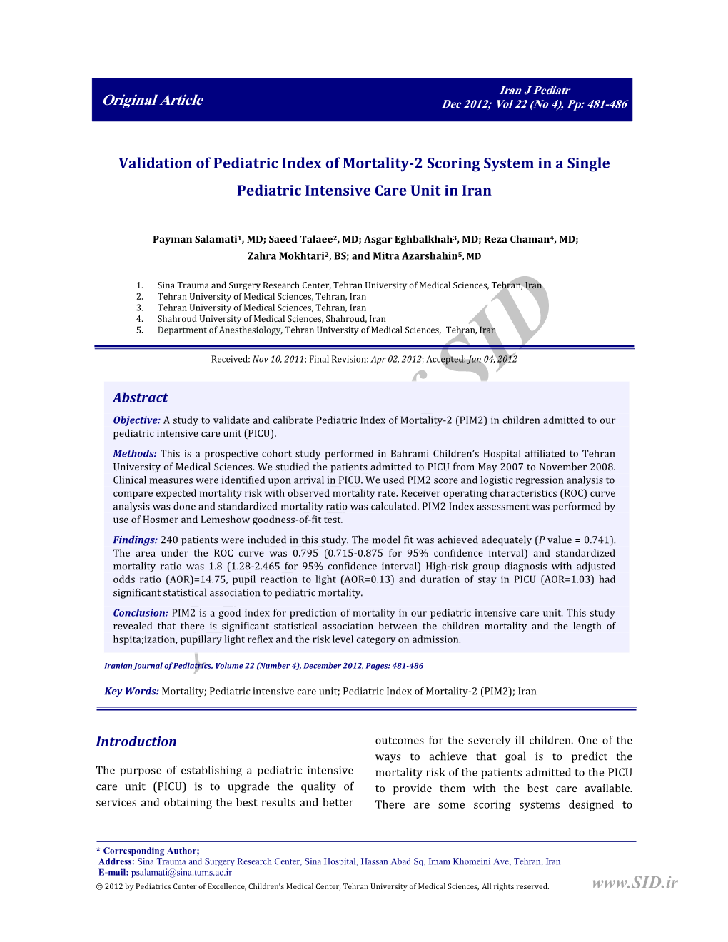Validation of Pediatric Index of Mortality-2 Scoring System in a Single Pediatric Intensive Care Unit in Iran
