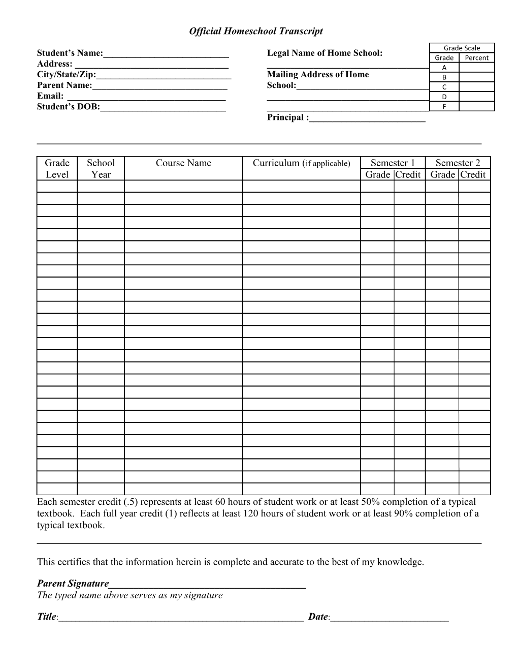 (Legal Name of Your Home School) - Official Transcript