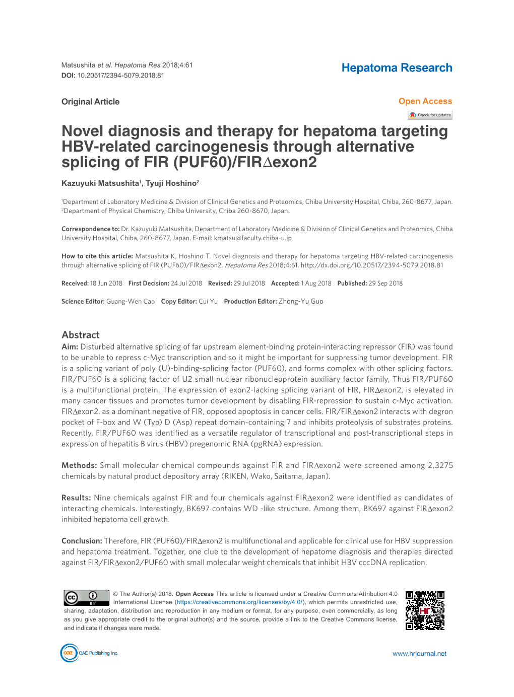 Novel Diagnosis and Therapy for Hepatoma Targeting HBV-Related Carcinogenesis Through Alternative Splicing of FIR (PUF60)/Firδexon2