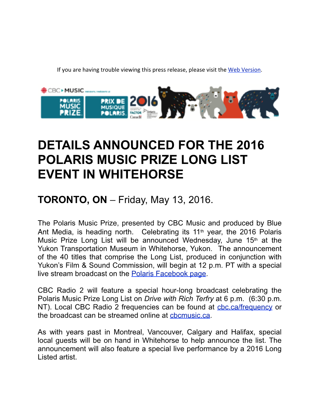 Details Announced for the 2016 Polaris Music Prize Long List Event in Whitehorse