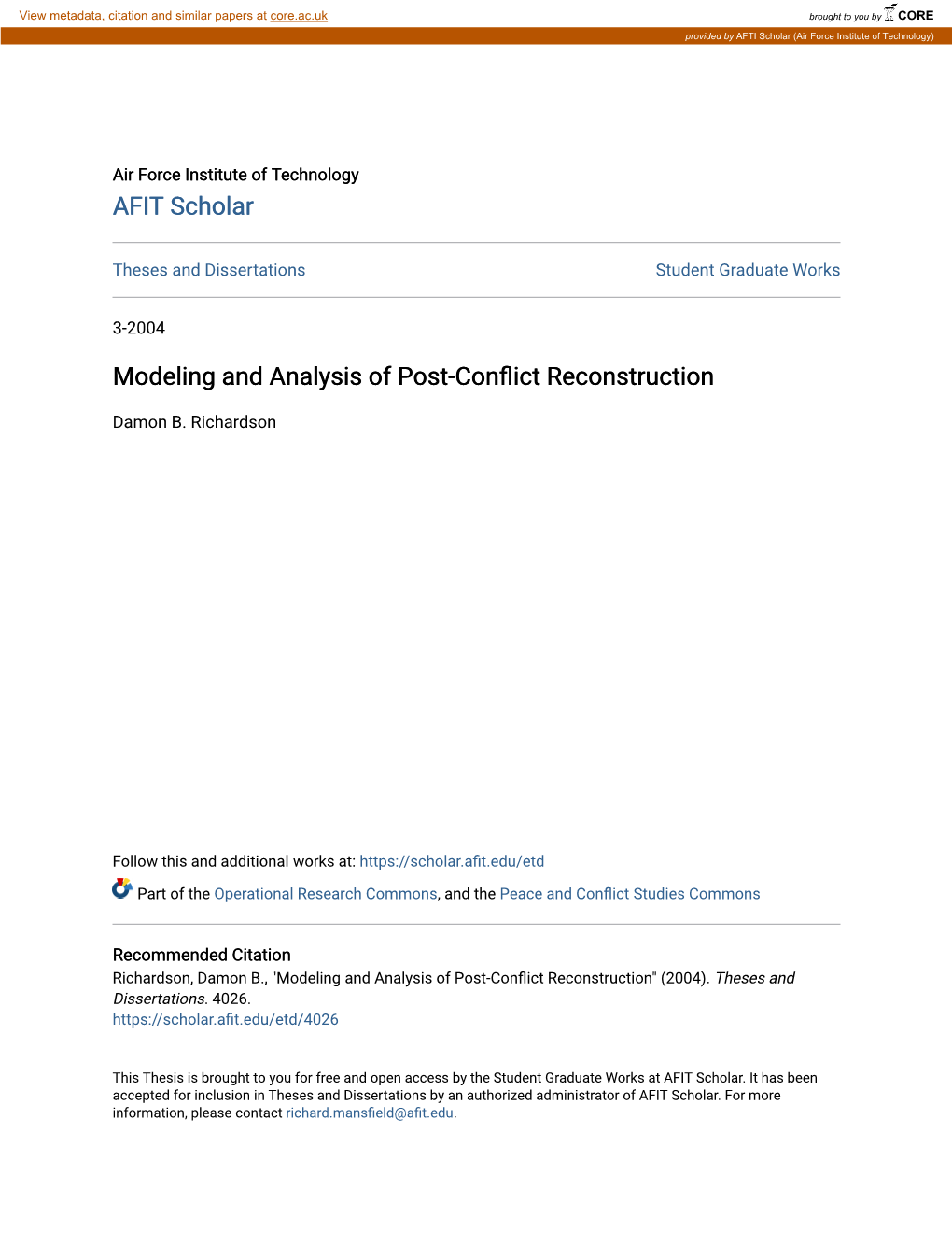 Modeling and Analysis of Post-Conflict Reconstruction