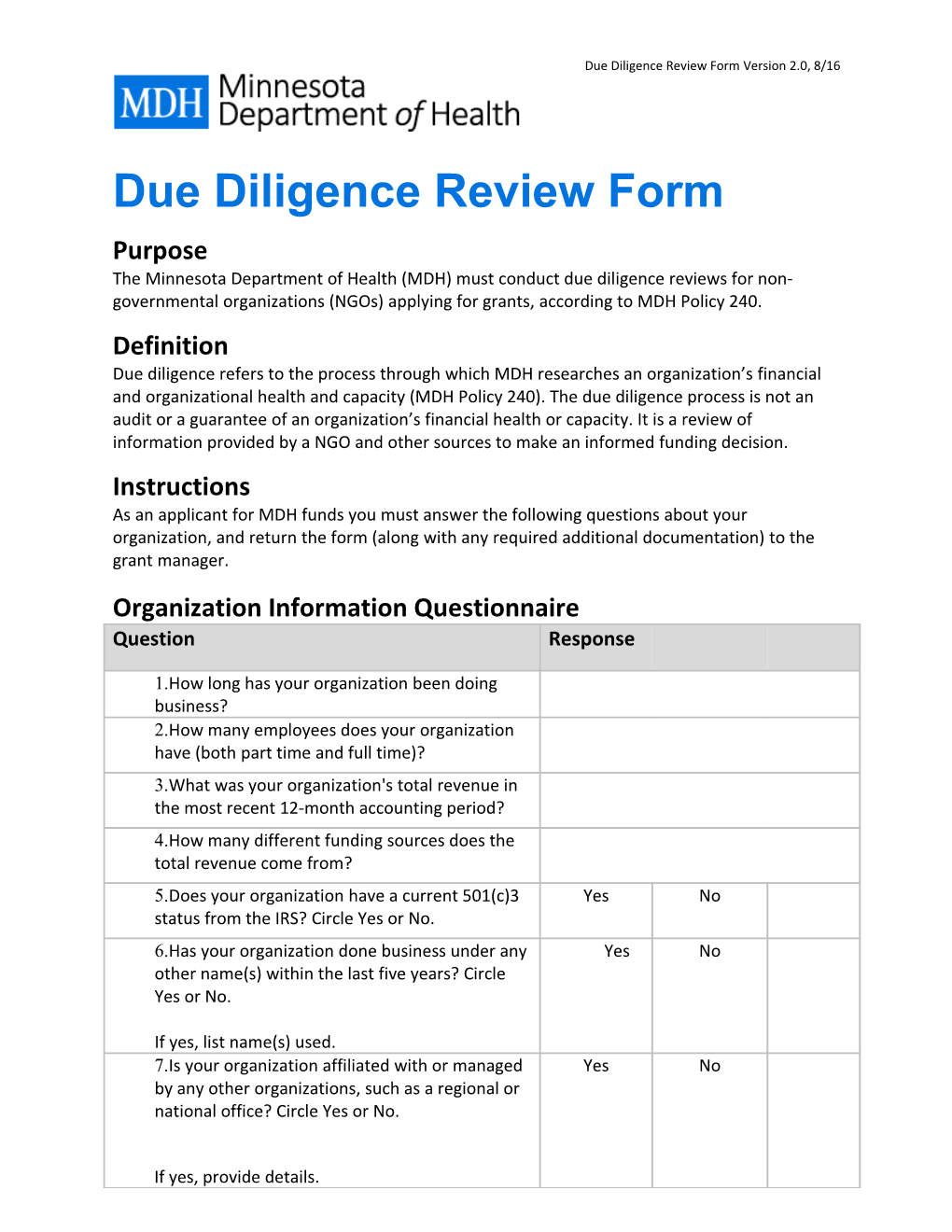 Grants Due Diligence Review Form