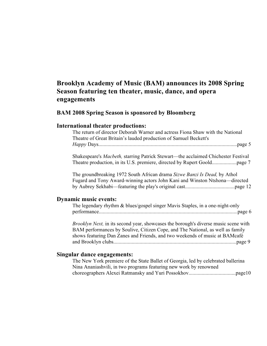 (BAM) Announces Its 2008 Spring Season Featuring Ten Theater, Music, Dance, and Opera Engagements