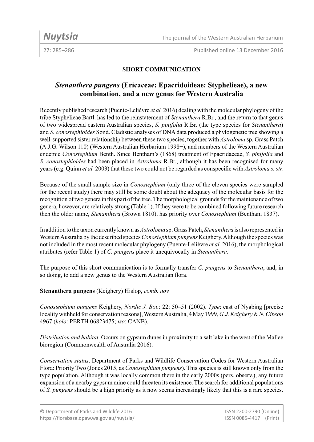 Nuytsia the Journal of the Western Australian Herbarium 27: 285–286 Published Online 13 December 2016