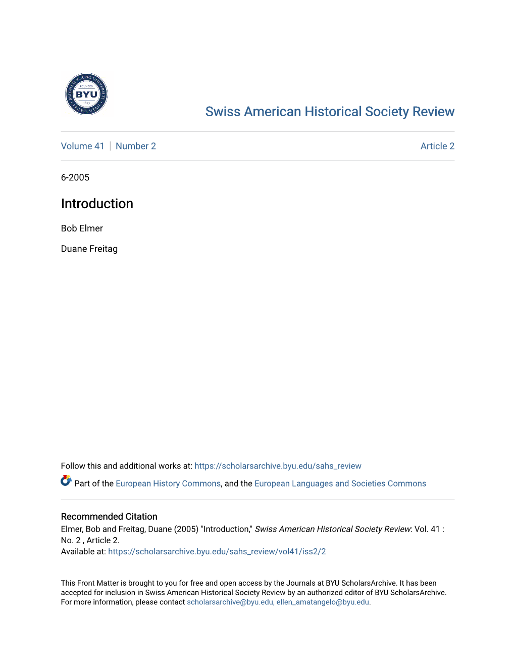 Swiss American Historical Society Review Introduction