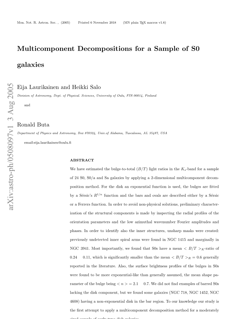 Multicomponent Decompositions for a Sample of S0 Galaxies