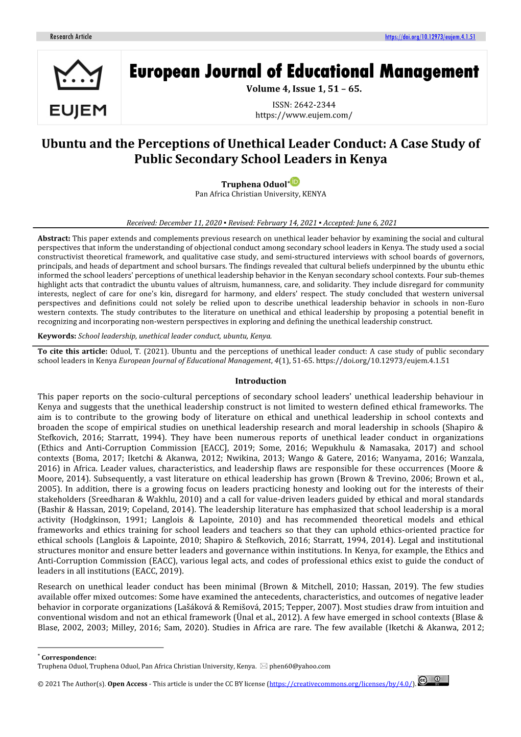 Ubuntu and the Perceptions of Unethical Leader Conduct: a Case Study of Public Secondary School Leaders in Kenya