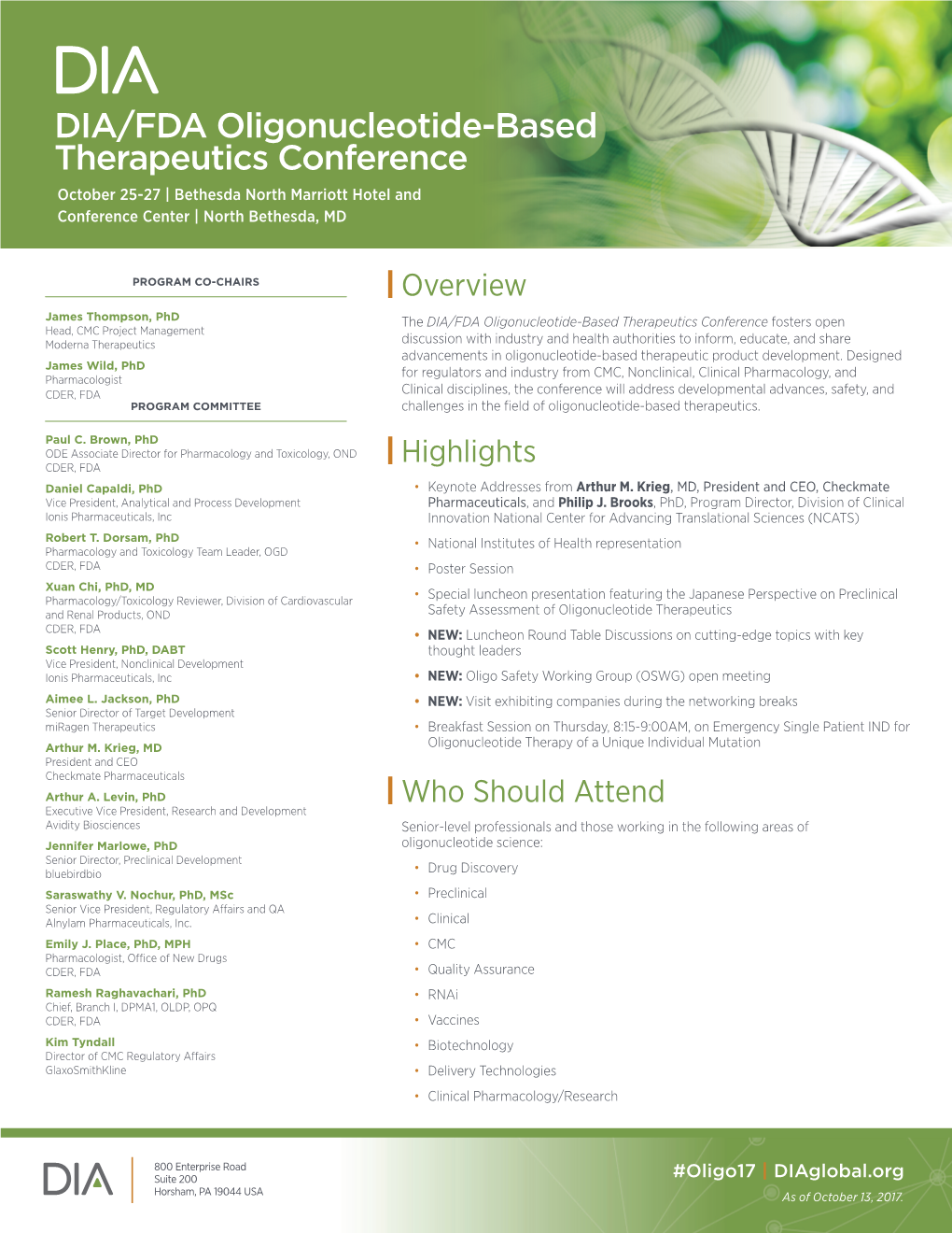 DIA/FDA Oligonucleotide-Based Therapeutics Conference October 25-27 | Bethesda North Marriott Hotel and Conference Center | North Bethesda, MD