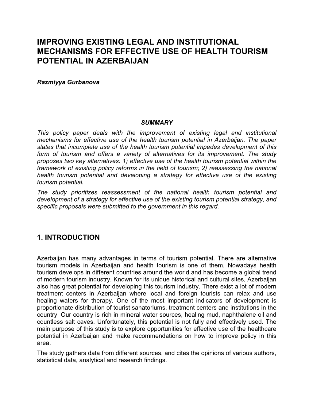 Improving Existing Legal and Institutional Mechanisms for Effective Use of Health Tourism Potential in Azerbaijan
