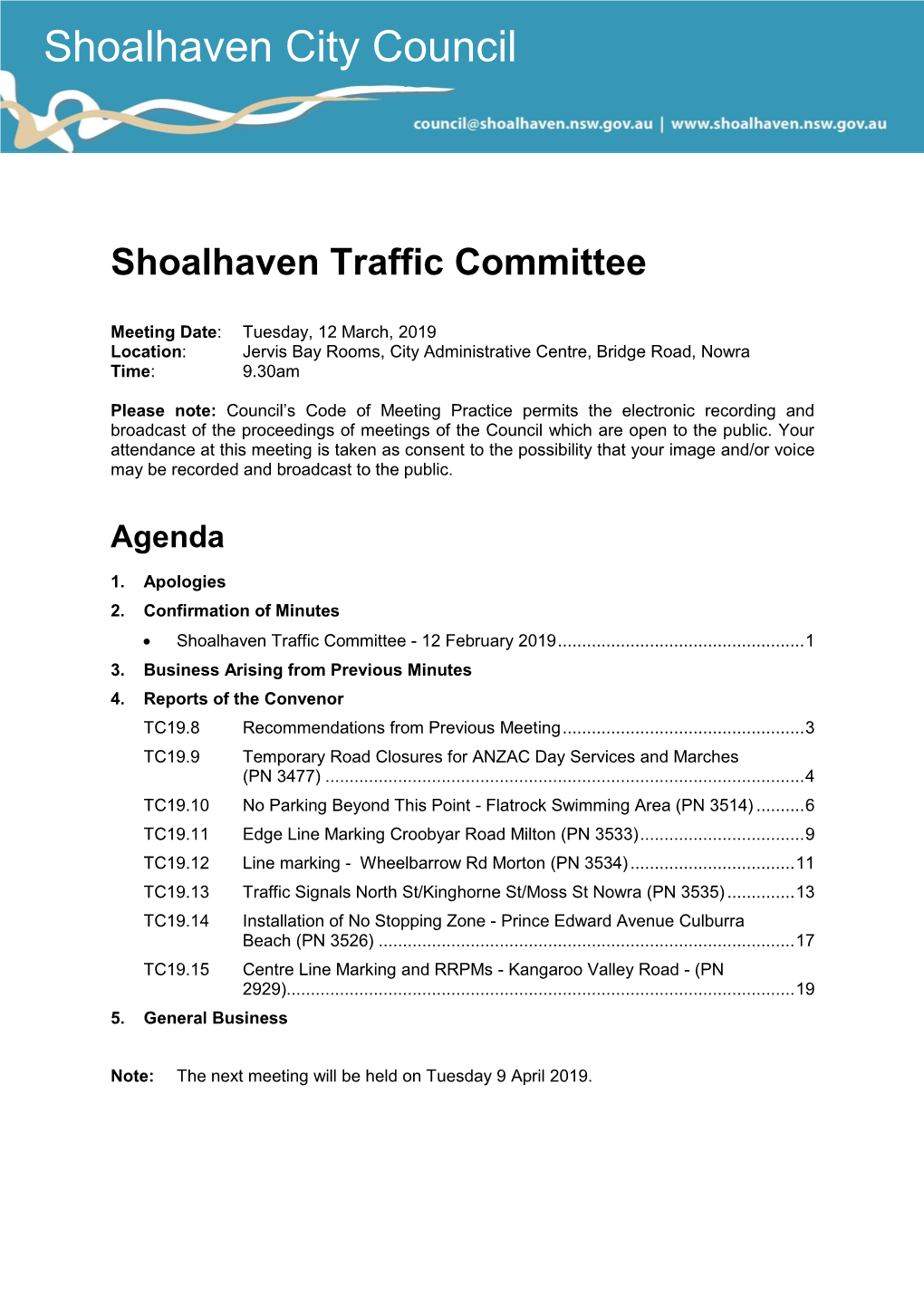 Agenda of Shoalhaven Traffic Committee