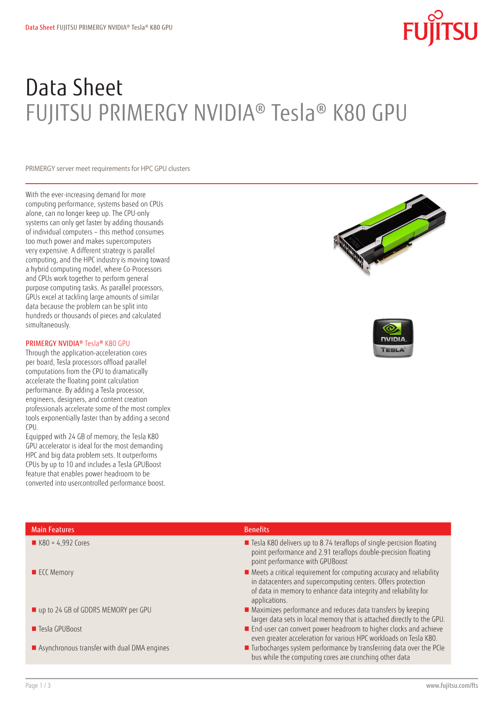 Data Sheet FUJITSU PRIMERGY NVIDIA® Tesla® K80 GPU