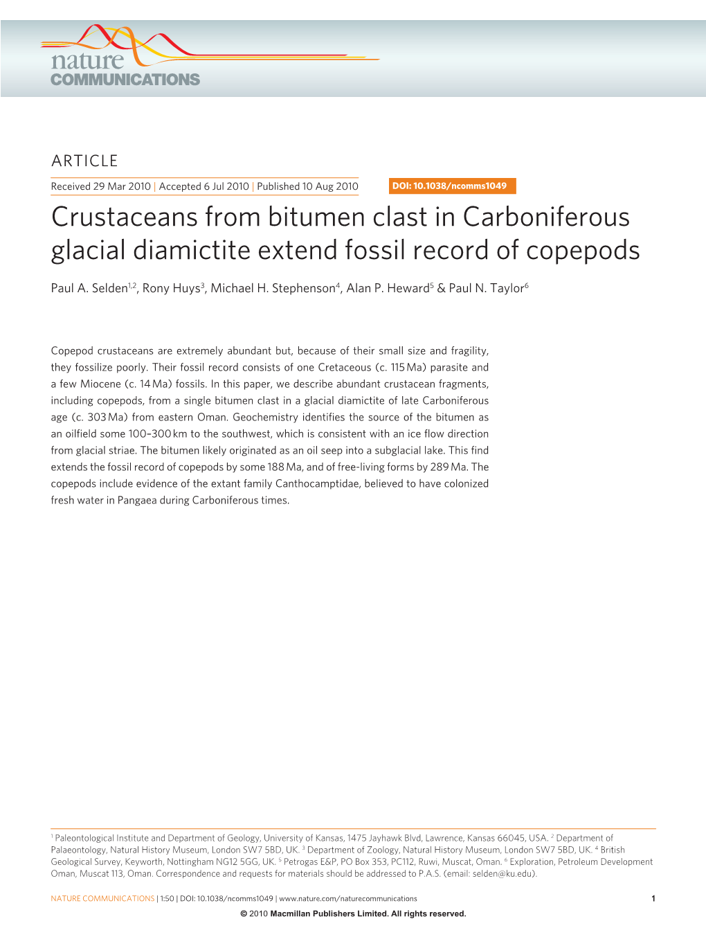 Crustaceans from Bitumen Clast in Carboniferous Glacial Diamictite Extend Fossil Record of Copepods