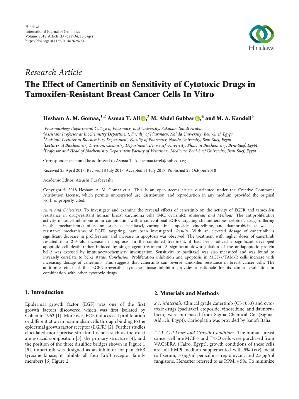 The Effect of Canertinib on Sensitivity of Cytotoxic Drugs in Tamoxifen-Resistant Breast Cancer Cells in Vitro