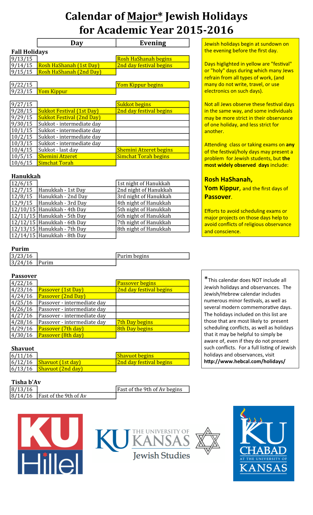 Calendar of Major* Jewish Holidays for Academic Year 2015-‐2016