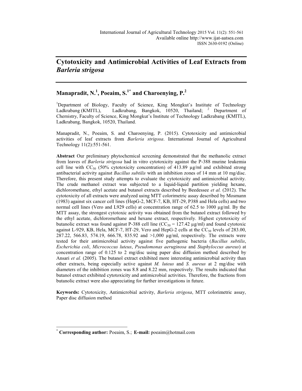 Cytotoxicity and Antimicrobial Activities of Leaf Extracts from Barleria Strigosa