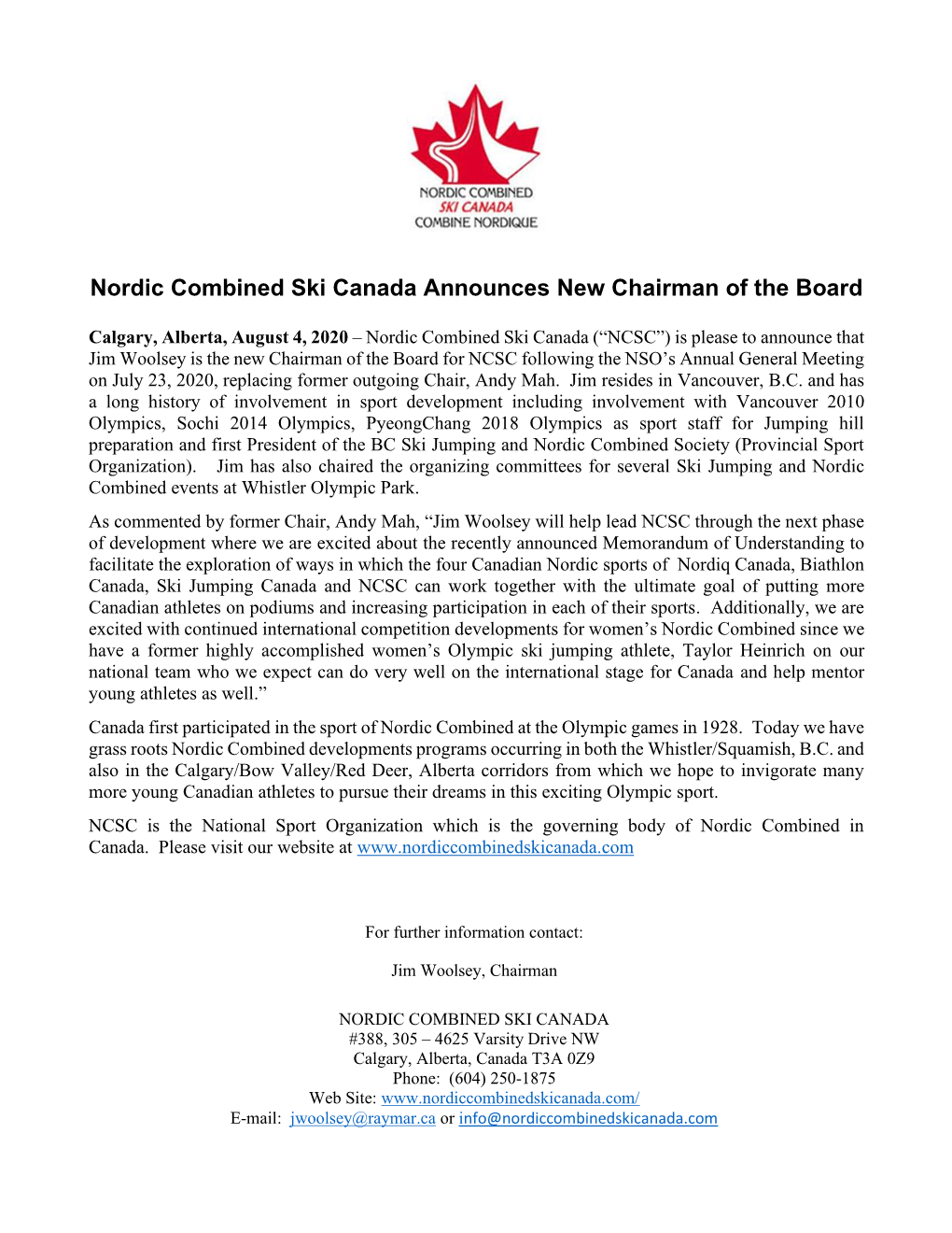 Nordic Combined Ski Canada Announces New Chairman of the Board