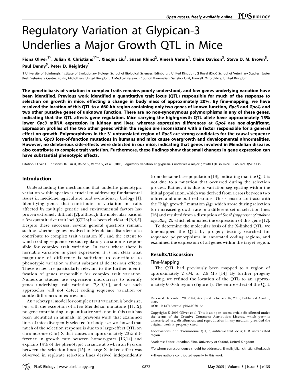 Regulatory Variation at Glypican-3 Underlies a Major Growth QTL in Mice