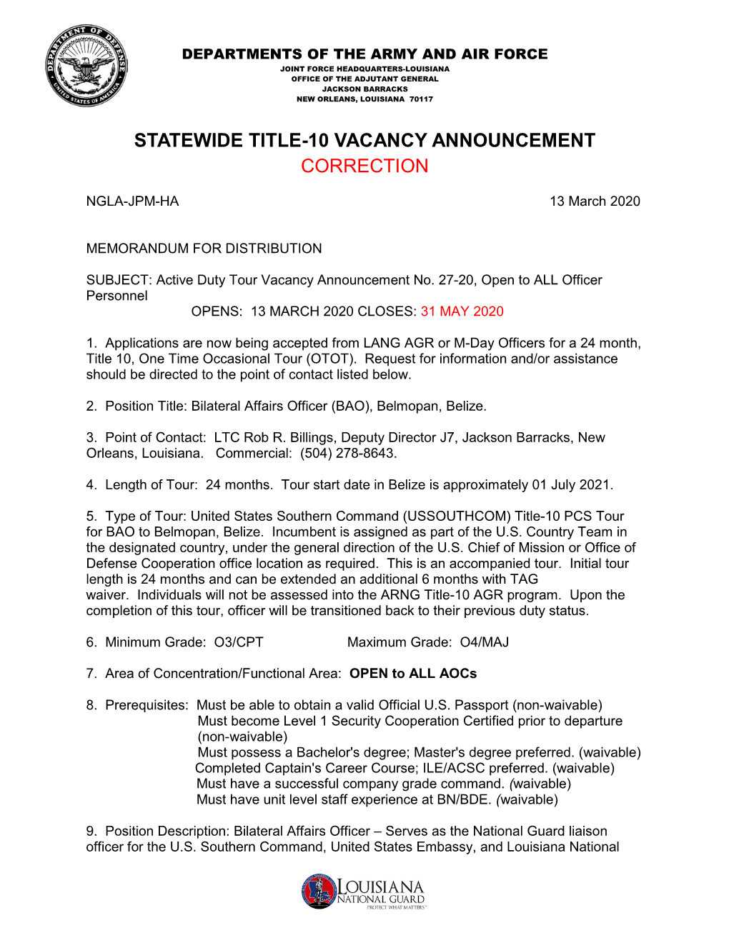 Statewide Title-10 Vacancy Announcement Correction